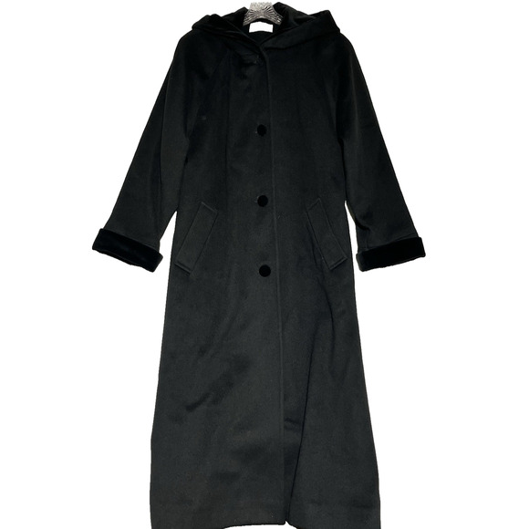 Vintage Forecaster Long Wool Winter Coat Womens 10 Black Hooded Cloak Velvet - Picture 1 of 12